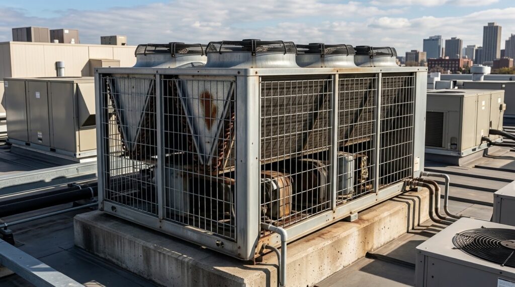 Chiller de condensação a ar instalado na cobertura de edifício comercial