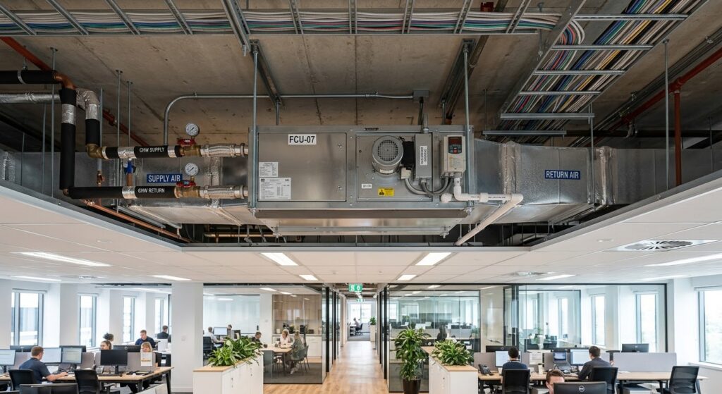 Fancoil de água gelada instalado no forro de escritório corporativo climatizado